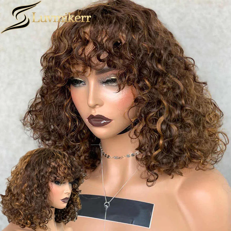 

Kinky Curly Wig Brown Highlight Honey Blonde Short Bob Full Machine Made Wig With Bangs Brazilian Human Hair Wig For Black Women