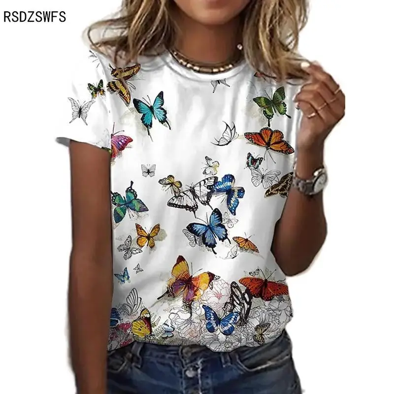 Женская блузка с коротким рукавом круглым вырезом и принтом бабочки - купить по