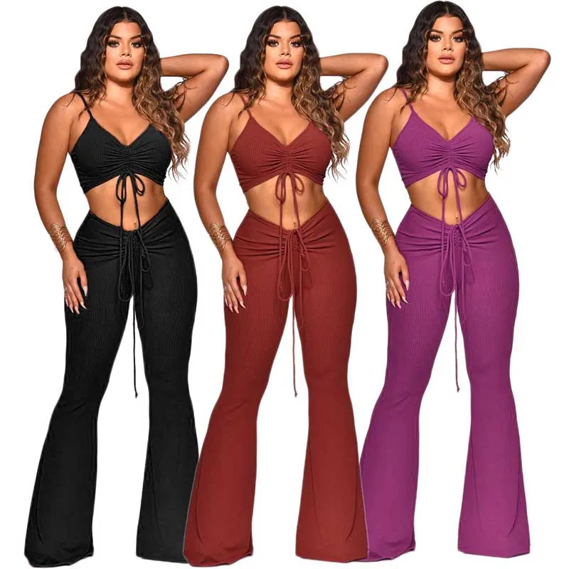 2021 Women Casual Solid Outfits Sets 2 Piece Set Sexy Sling Top + Flared Pants Set Female Summer Sleeveless Streetwear Vestidos
2021 Women Casual Solid Outfits Sets 2 Piece Set Sexy Sling Top + Flared Pants Set Female Summer Sleeveless Streetwear Vestidos