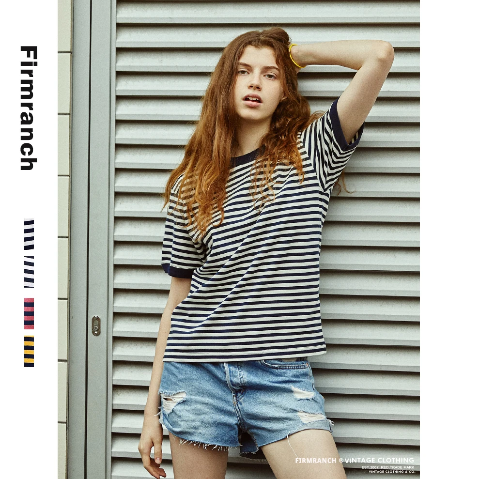 

Firmranch 2021 Vintage Moto Stripe Ringer T-shirts For Men/Women Tee Short Cotton Classic Summer Retro Loose T-shirt Large