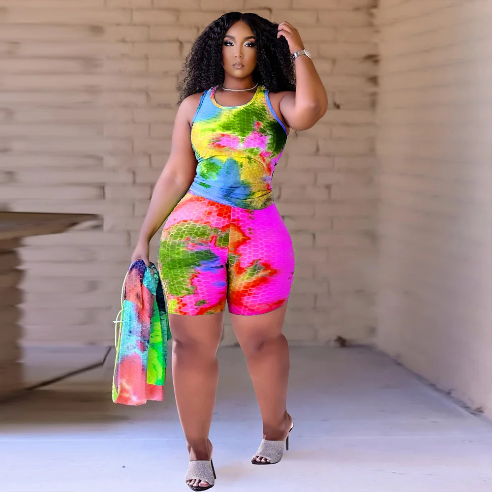 Rainbow Tie Dye Printed Two Piece Set Summer Outfits for Women Sleeveless Tank Top and Biker Shorts Loungewear Matching Suits 
Rainbow Tie Dye Printed Two Piece Set Summer Outfits for Women Sleeveless Tank Top and Biker Shorts Loungewear Matching Suits
