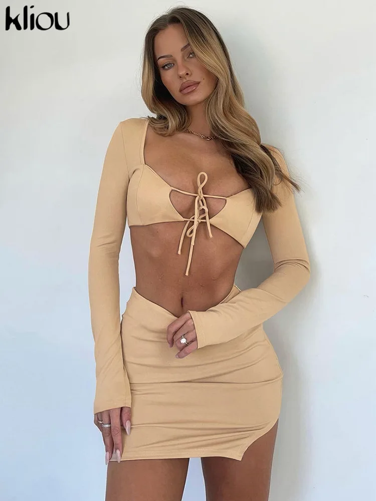 Kliou Sexy Fashion Two Piece Set Women Cleavage Ribbon Lace Up Long-Sleeve Top+Solid High Waist Skinny Female Streetwear Skirt
Kliou Sexy Fashion Two Piece Set Women Cleavage Ribbon Lace Up Long-Sleeve Top+Solid High Waist Skinny Female Streetwear Skirt