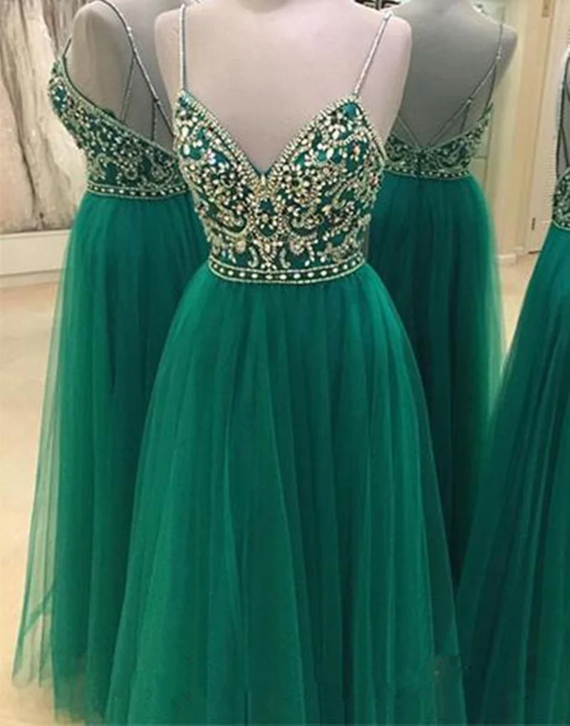 Dark Green A Line Evening Dresses With Crystal Beaded Spaghetti Straps Prom Dress Sparkly V Neck Backless Formal Robe De Soiree 
Dark Green A Line Evening Dresses With Crystal Beaded Spaghetti Straps Prom Dress Sparkly V Neck Backless Formal Robe De Soiree