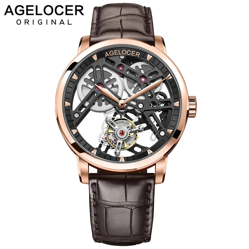 

AGELOCER Swiss Original Top Brand Luxury Skeleton Black Dial Mechanical Sapphire Mens Brown Leather Strap Mens Tourbillon 9001D2