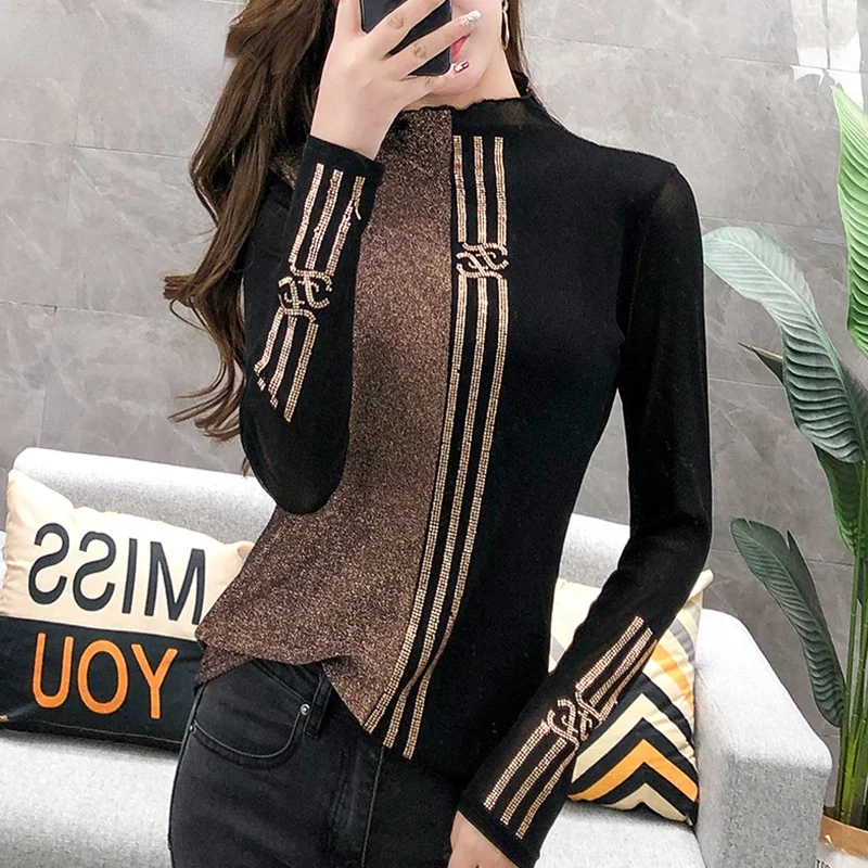 Fashion Women Shiny Diamonds T-shirt Women Color Block Turtleneck Long Sleeve Tshirt Casual Autumn Fall Clothing For
Fashion Women Shiny Diamonds T-shirt Women Color Block Turtleneck Long Sleeve Tshirt Casual Autumn Fall Clothing For