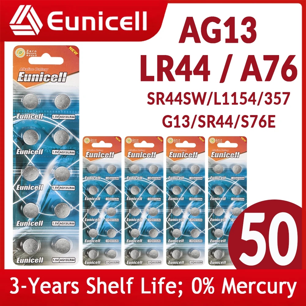 Eunicell 50PCS LR44 AG13 303 A76 357 SR44 Button Battery SR44SW V13GA for Watch Calculators Toys 1.5V 155mAh Coin Cell Batteries
Eunicell 50PCS LR44 AG13 303 A76 357 SR44 Button Battery SR44SW V13GA for Watch Calculators Toys 1.5V 155mAh Coin Cell Batteries