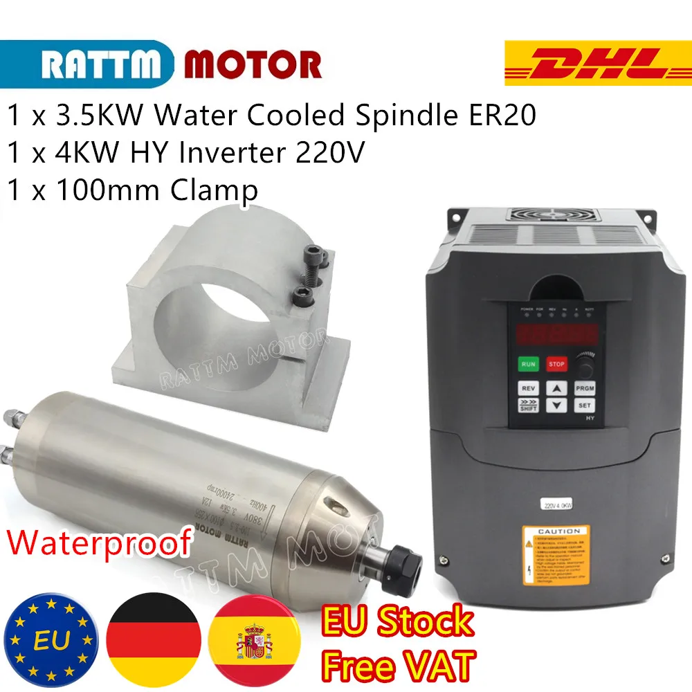【EU Free】3.5KW 220V 380V Waterproof Water Cooled Spindle Motor ER20 24000RPM + 4KW HY Inverter + 100mm Clamp CNC Metal Engraving
【EU Free】3.5KW 220V 380V Waterproof Water Cooled Spindle Motor ER20 24000RPM + 4KW HY Inverter + 100mm Clamp CNC Metal Engraving