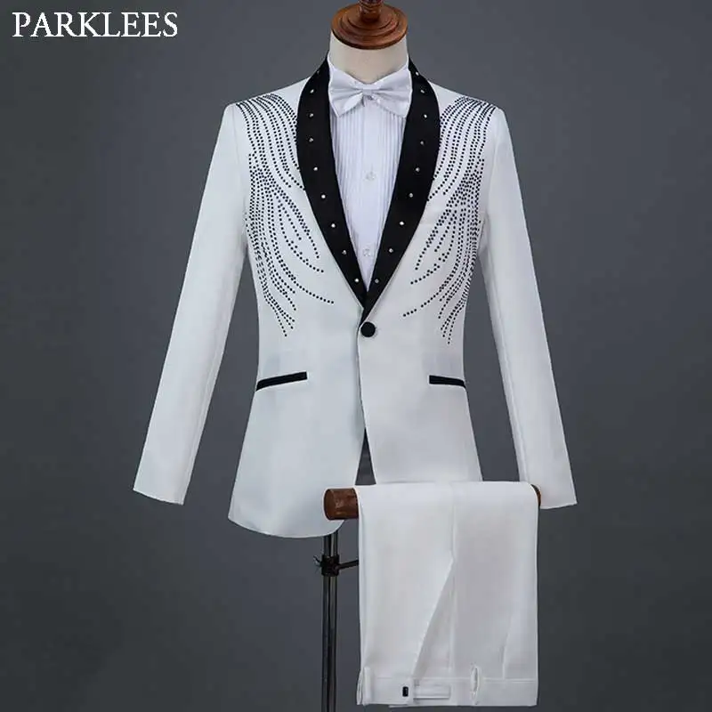 Stylish Crystal Embroidery White Suit Men Patchwork Shawl Collar One Button Suits Pants Men Wedding Party Tuxedo Costume Homme
Stylish Crystal Embroidery White Suit Men Patchwork Shawl Collar One Button Suits Pants Men Wedding Party Tuxedo Costume Homme
