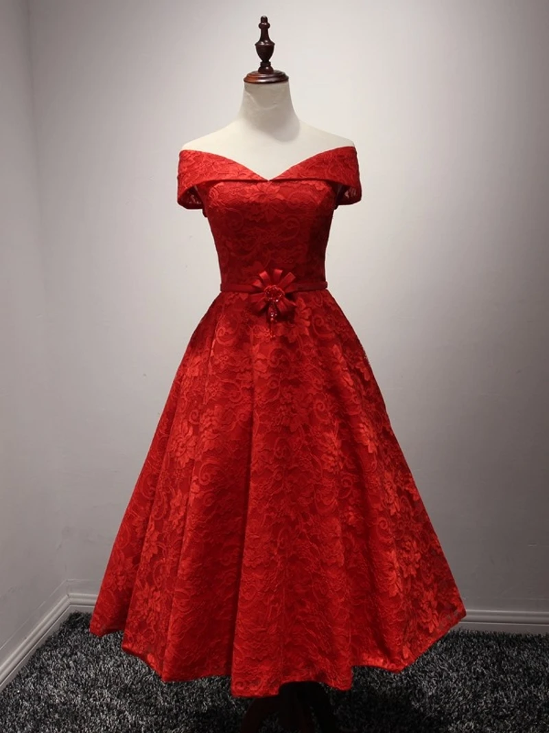 New Off the Shoulder Tea-Length Red Lace Prom Dresses 2020 Bow Sash Formal Wear Evening Party Gowns vestidos de festa
New Off the Shoulder Tea-Length Red Lace Prom Dresses 2020 Bow Sash Formal Wear Evening Party Gowns vestidos de festa