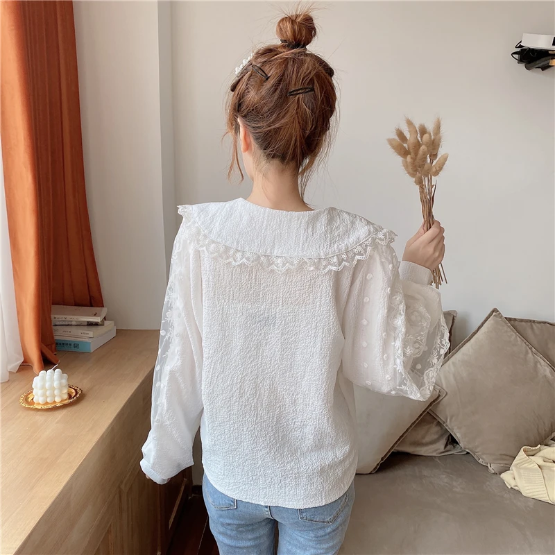 sweet style Women's Clothing fashion patchwork lace Blouses Peter pan collar long sleeve Shirts Korean ladies tops autumn new
sweet style Women's Clothing fashion patchwork lace Blouses Peter pan collar long sleeve Shirts Korean ladies tops autumn new