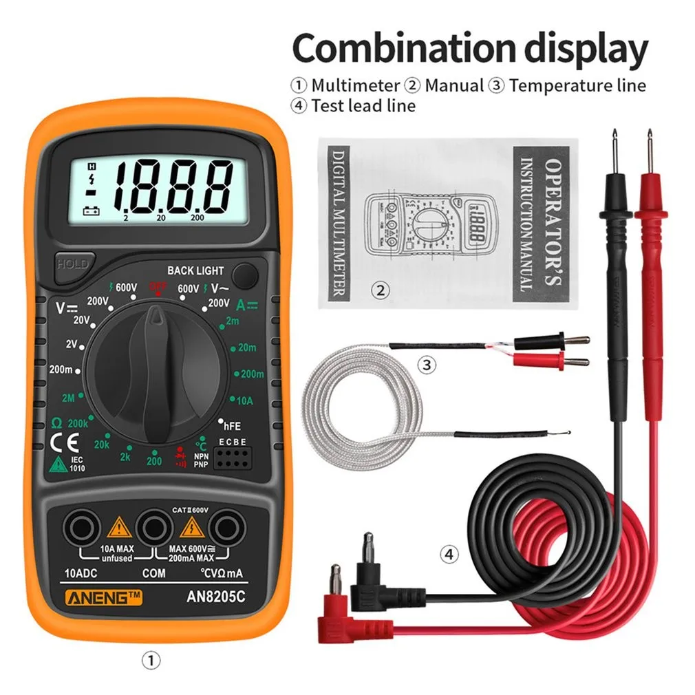 ANENG AN8205C Digital Multimeter AC/DC Ammeter Volt Ohm Tester Meter Multimetro With Thermocouple LCD Backlight Portable
ANENG AN8205C Digital Multimeter AC/DC Ammeter Volt Ohm Tester Meter Multimetro With Thermocouple LCD Backlight Portable