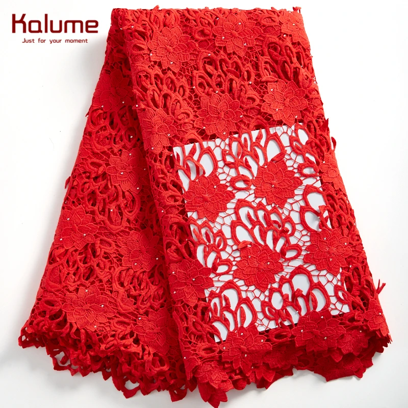Kalume African Guipure Cord Lace Fabric Embroidery 5 Yards Nigerian Water Soluble Cord Lace Fabric With Stones For Party F2297