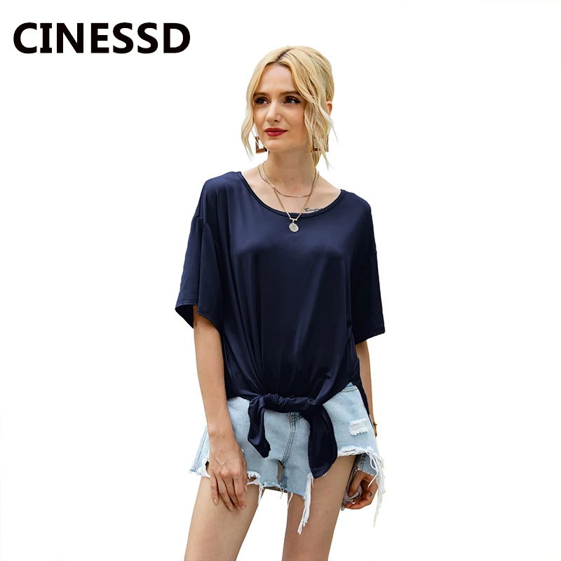 CINESSD O Neck Short Sleeve Casual Long TShirts Women Tops 2020 Navy Blue Split Knotted Lightweight Loose Tunic Lady Tee Shirts
CINESSD O Neck Short Sleeve Casual Long TShirts Women Tops 2020 Navy Blue Split Knotted Lightweight Loose Tunic Lady Tee Shirts