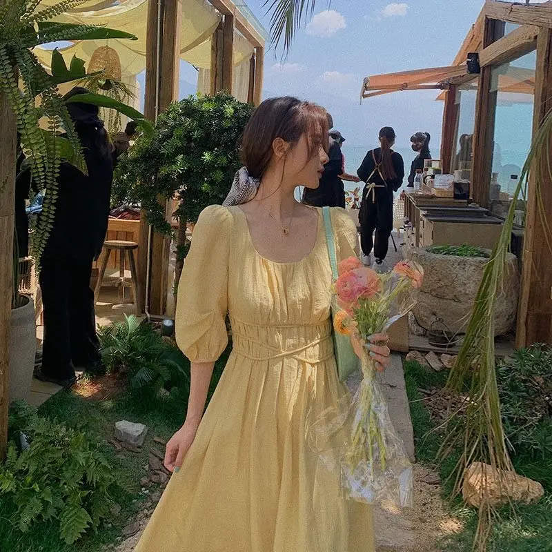 MRWILK 2021 Summer Ladies Dresses For Women Mid Length Korean Yellow Casual Long Dress With Retro Style New French High Waist
MRWILK 2021 Summer Ladies Dresses For Women Mid Length Korean Yellow Casual Long Dress With Retro Style New French High Waist