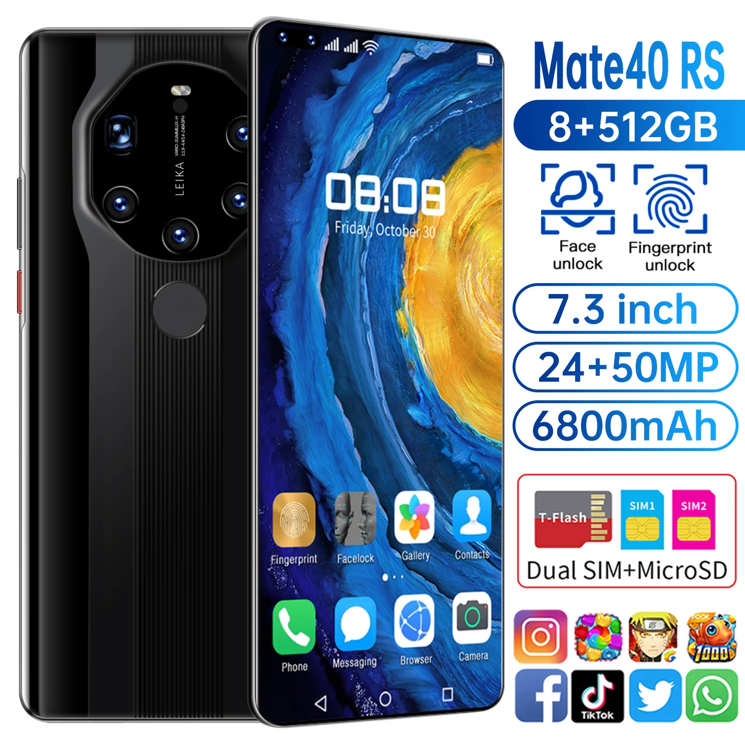 Global Version Latest Smartphone Mate40 RS 7.3inch 6800mAh Full Screen5G 24+50MP 8+512GB Dual Sim 8 Core Android 10 Face ID
Global Version Latest Smartphone Mate40 RS 7.3inch 6800mAh Full Screen5G 24+50MP 8+512GB Dual Sim 8 Core Android 10 Face ID
