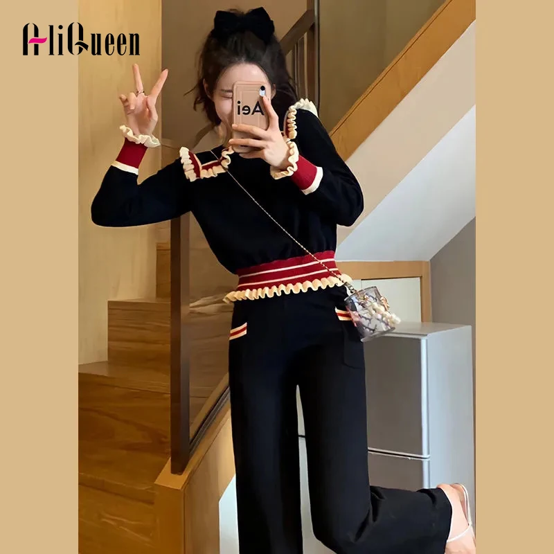 Korean Winter Sweet Girl 2 Piece Set Women Knitted Contrast Peter Pan Collar Long Sleeve Sweater Top+Wide Leg Pants Suit Autumn 
Korean Winter Sweet Girl 2 Piece Set Women Knitted Contrast Peter Pan Collar Long Sleeve Sweater Top+Wide Leg Pants Suit Autumn