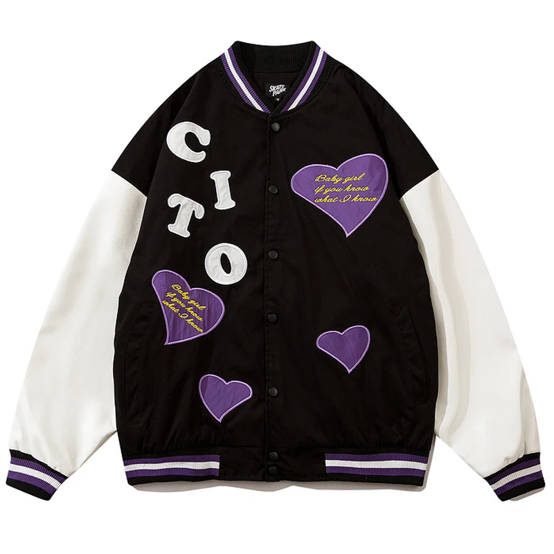 Men Heart Embroidery Varsity Jacket Harajuku Baseball Jacket Unisex Loose V-neck Streetwear College Patchwork Jackets masculina
Men Heart Embroidery Varsity Jacket Harajuku Baseball Jacket Unisex Loose V-neck Streetwear College Patchwork Jackets masculina