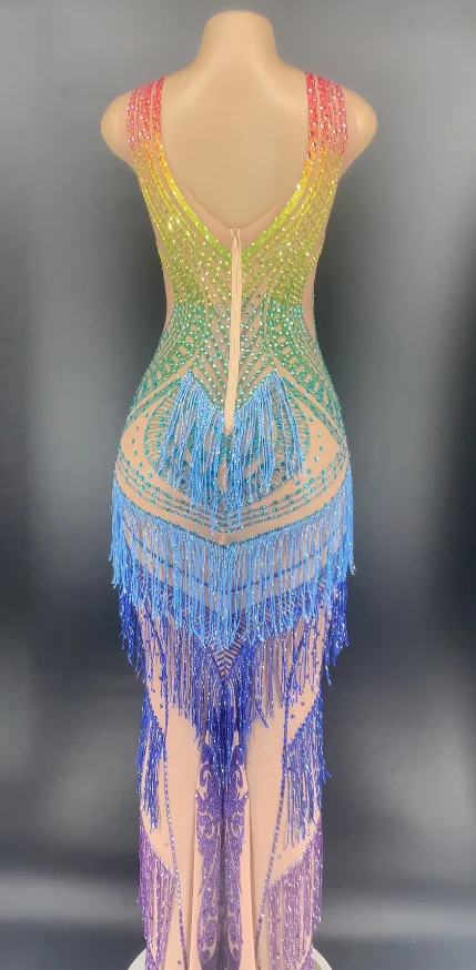 Women Summer Dress 2021 Multicolor Rhinestone Tassel Customized Stretch Long Dress Bar Birthday Celebrate Party Dancer Costume 
Women Summer Dress 2021 Multicolor Rhinestone Tassel Customized Stretch Long Dress Bar Birthday Celebrate Party Dancer Costume