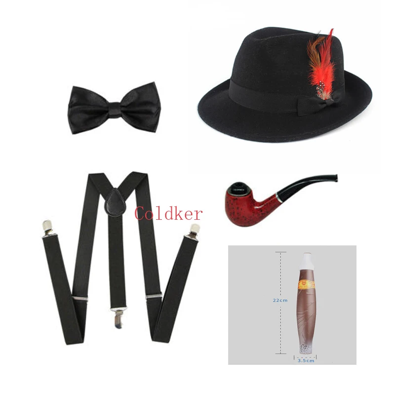 Костюм мужской для косплея Гангстер 1920-1930-х годов с шляпой, подтяжками, галстуком, сигарой и подвесками Y-образной формы, аксессуар на Хэллоуин и Рождество.