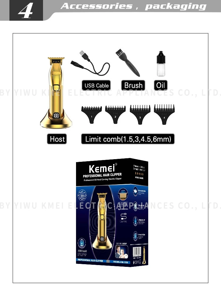 Kemei KM-i32S Household metal electric hair clipper LED display hair clipper with charging base professional hair trimmer
Kemei KM-i32S Household metal electric hair clipper LED display hair clipper with charging base professional hair trimmer