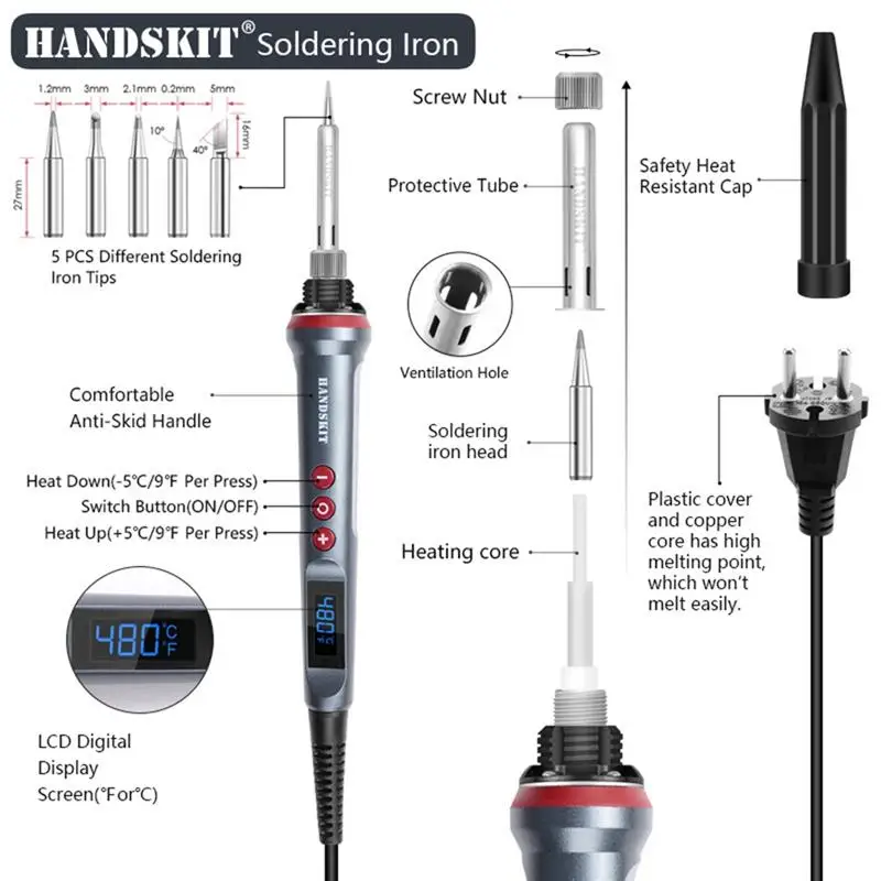 handskit 90W Electric Soldering Iron 110V 220V Adjustable Temperature Soldering Iron with 4 Wire Core and 5 Tips Welding Tools
handskit 90W Electric Soldering Iron 110V 220V Adjustable Temperature Soldering Iron with 4 Wire Core and 5 Tips Welding Tools