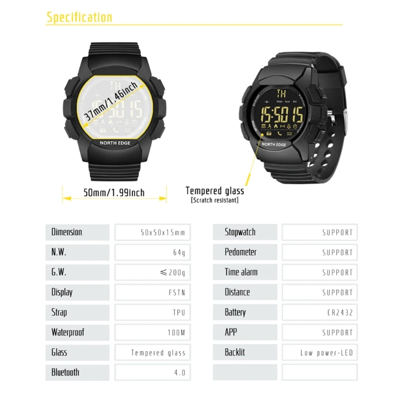 

P82F NORTH EDGE Smart Watch Pedometer, Calories, Distance, Alarm for -IOS /-Android Stopwatch, Call/Message Reminder