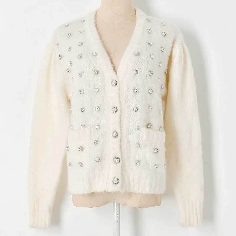 Luxury Mohair Diamond Beaded V-Neck Beaded Long-Sleeved Knit White Sweater Cardigan 2021 Spring Summer Women Clothes
Luxury Mohair Diamond Beaded V-Neck Beaded Long-Sleeved Knit White Sweater Cardigan 2021 Spring Summer Women Clothes