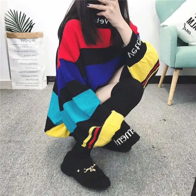 Rainbow sweater women languid autumn and winter large women's loose wear medium length half high collar sweater striped top
Rainbow sweater women languid autumn and winter large women's loose wear medium length half high collar sweater striped top