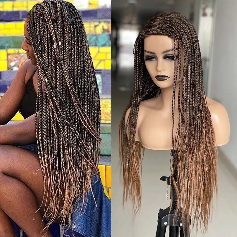 

Box Braided Wigs For Black Women Synthetic Ombre Blonde Braiding Hair Wig 26 Inch Long Braids Cosplay Wigs Heat Resistant Fiber