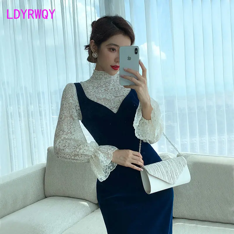 LDYRWQY Autumn suit 2021 new high-end western apricot lace shirt dark blue strap dress suit two-piece
LDYRWQY Autumn suit 2021 new high-end western apricot lace shirt dark blue strap dress suit two-piece