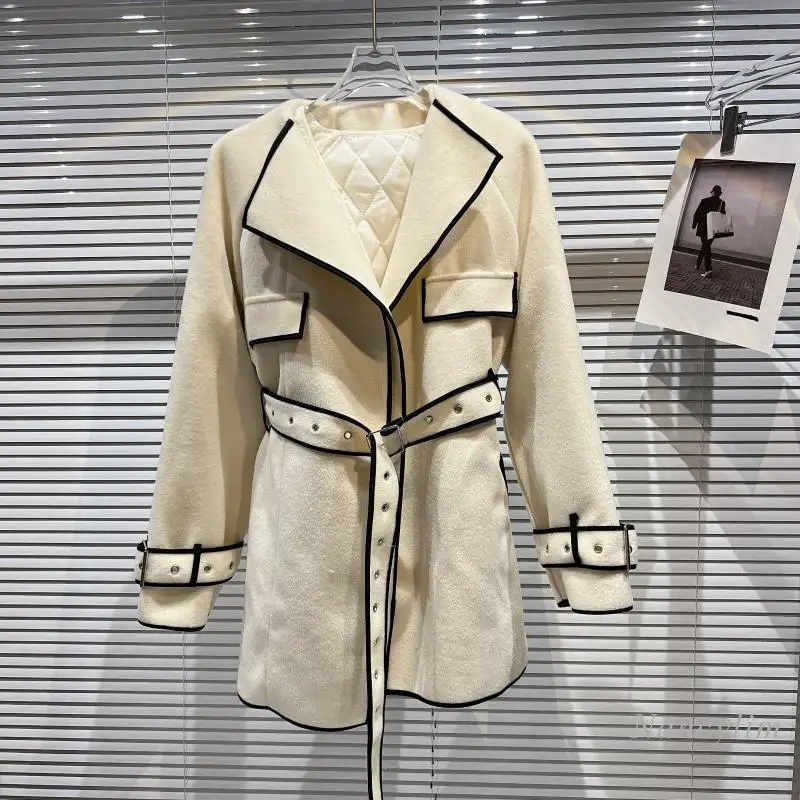 

Женский шерстяной Тренч, классическое пальто с поясом на талии и стеганой хлопковой подкладкой, офисная одежда, новинка зимнего сезона 2021