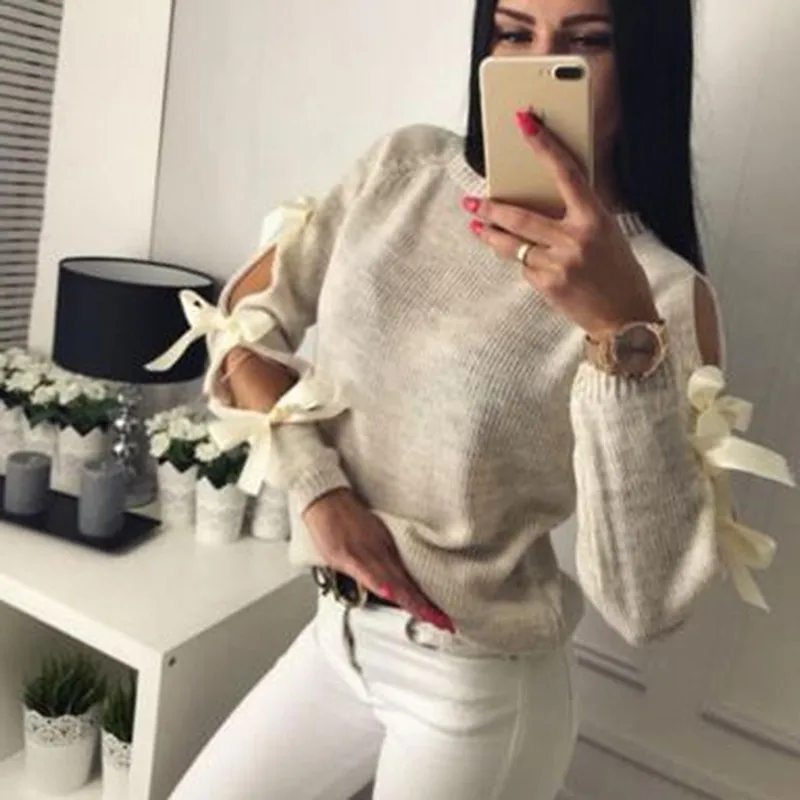 Sexy Hollow Out Long Sleeve Warm Knitting Sweater Pullover Women Bow Loose O-Neck Tops Knitwear Jumper Pull New
Sexy Hollow Out Long Sleeve Warm Knitting Sweater Pullover Women Bow Loose O-Neck Tops Knitwear Jumper Pull New