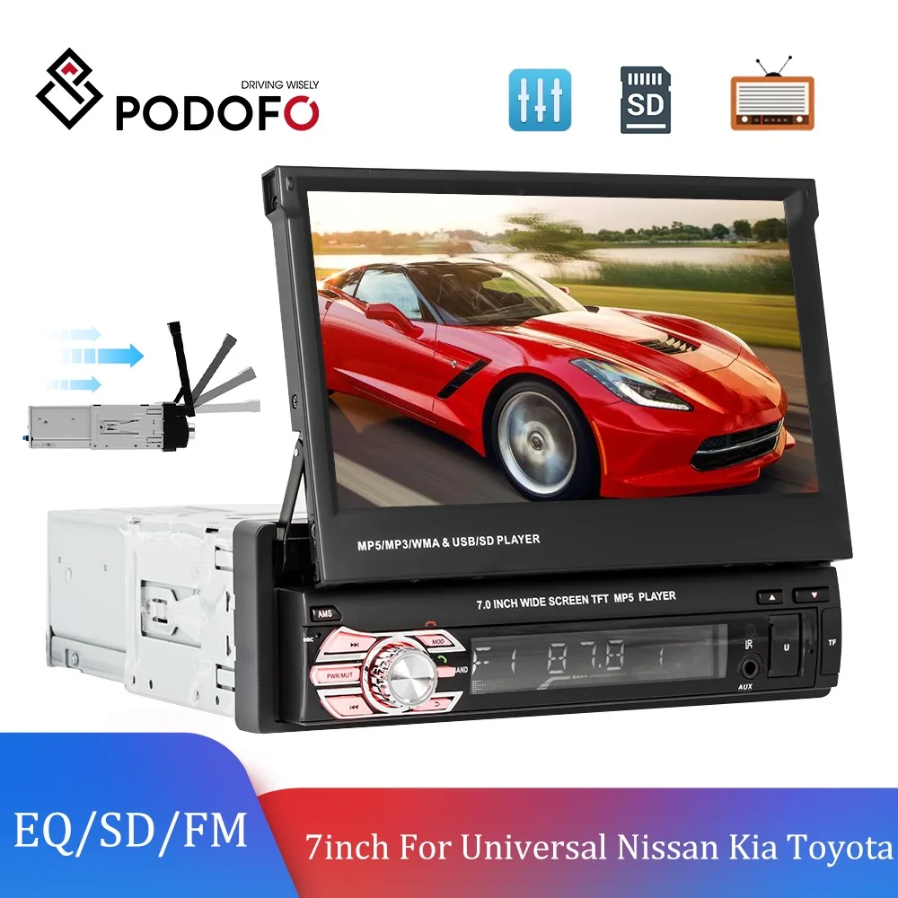 

Podofo 1Din 7" Car Radio EQ Bluetooth Retractable Screen SD FM USB AUX Universal MP5 Player For Nissan Kia Hyundai Polo Toyota