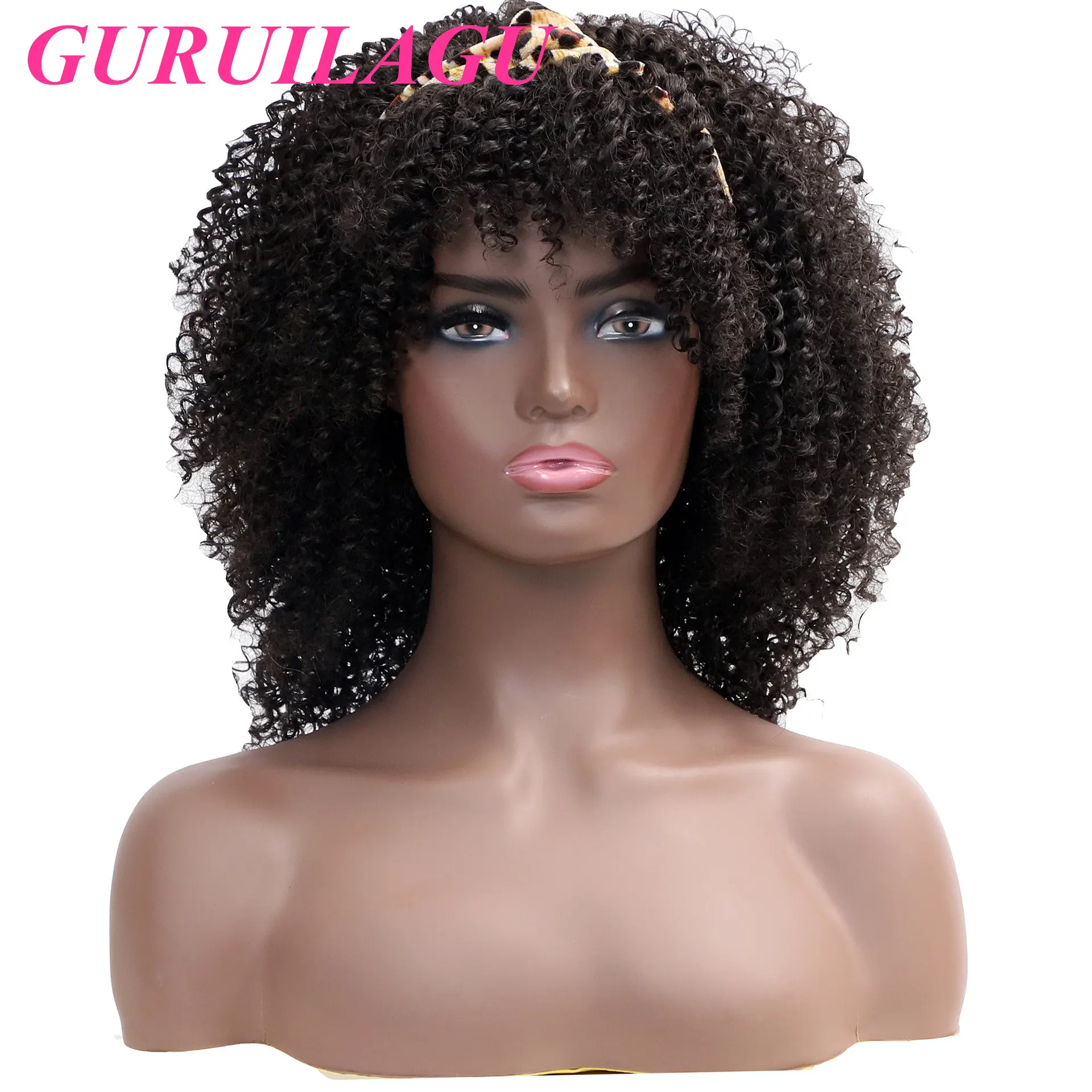 

GURUILAGU Afro Kinky Curly Wigs For Black Women Headband Wig With Bangs Natural Black Short Cosplay Wig Headband Women's Wigs