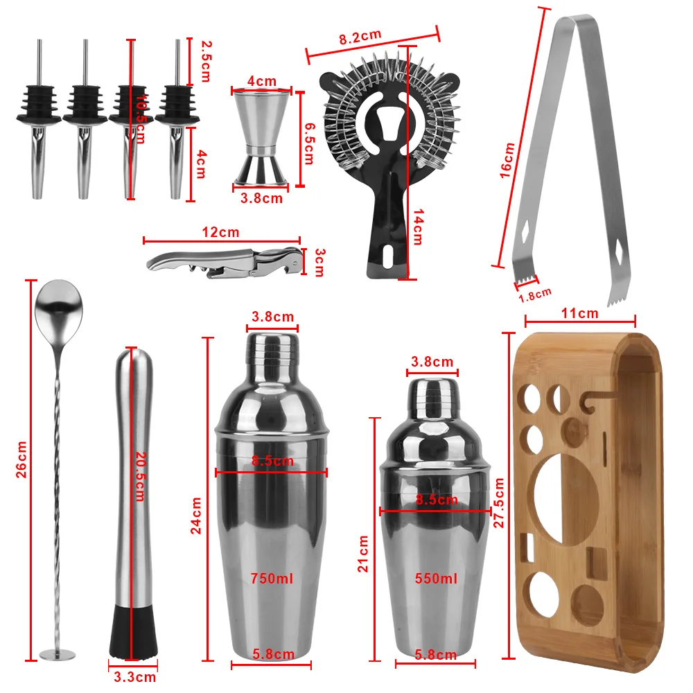 HILIFE Bar Mixed Drinks Cocktail Shaker Set Stainless Steel Jigger Mixing Spoon Tong Wood Storage Stand Mocktail Bartender Tools