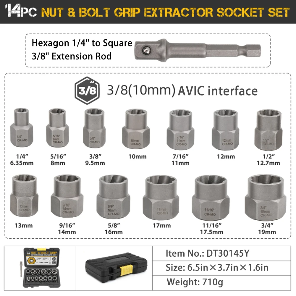 14pcs Nut and Bolt Extractor Tool Set Impact Bolt Nut Remover Set Bolt Nut Removal Extractor 3/8 Socket Nut Adapter Tool
14pcs Nut and Bolt Extractor Tool Set Impact Bolt Nut Remover Set Bolt Nut Removal Extractor 3/8 Socket Nut Adapter Tool