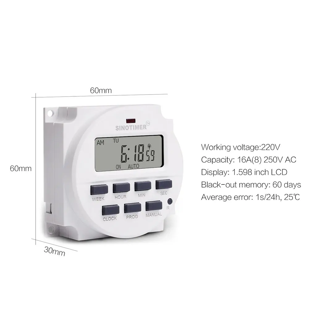 SINOTIMER 220V Weekly 7 Days Programmable Digital Time Switch Relay Timer Control for Electric Appliance 8 ON/OFF Setting
SINOTIMER 220V Weekly 7 Days Programmable Digital Time Switch Relay Timer Control for Electric Appliance 8 ON/OFF Setting