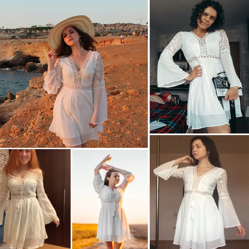 

Hollow Out White Dress Sexy Women Mini Chiffon Dress Criss Cross Semi-sheer Plunge V-Neck Long Sleeve Crochet Lace Dress Black