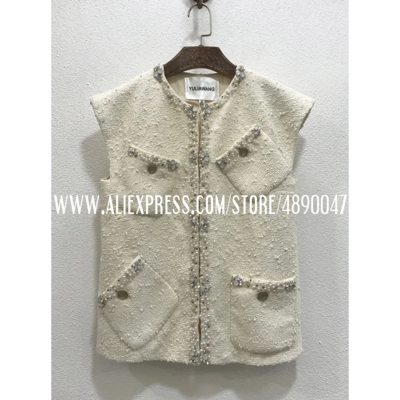 Rhinestone gemstone beaded tweed irregular pockets sleeveless vest vest high quality women's jacket with silk lining
Rhinestone gemstone beaded tweed irregular pockets sleeveless vest vest high quality women's jacket with silk lining