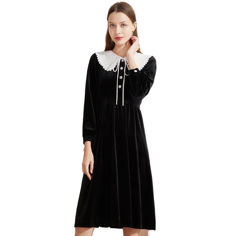 Velvet Black Dress Women Peter Pan Collar Slim Vintage Loose Casual Bow Sweet reppy Goth Winter Dresses Pleat 2021
Velvet Black Dress Women Peter Pan Collar Slim Vintage Loose Casual Bow Sweet reppy Goth Winter Dresses Pleat 2021