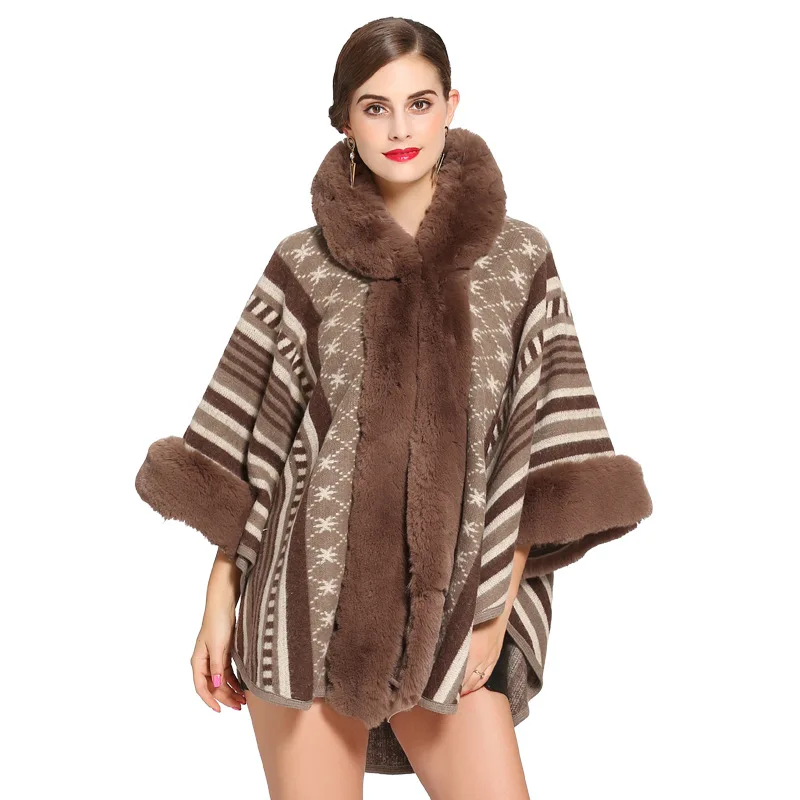 Fashion Imitation Rabbit Fur Collar Hooded Knitted Cape Femme Autumn Winter Grey Big Cloak Luxury Brand Shawl Poncho Outwear
Fashion Imitation Rabbit Fur Collar Hooded Knitted Cape Femme Autumn Winter Grey Big Cloak Luxury Brand Shawl Poncho Outwear
