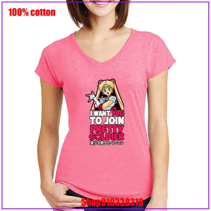 Join Pretty Soldier Sailor Moon Fanart propaganda white New Arrival White Slim Couple T-Shirt Symbol Tees V neck t shirt women | Женская