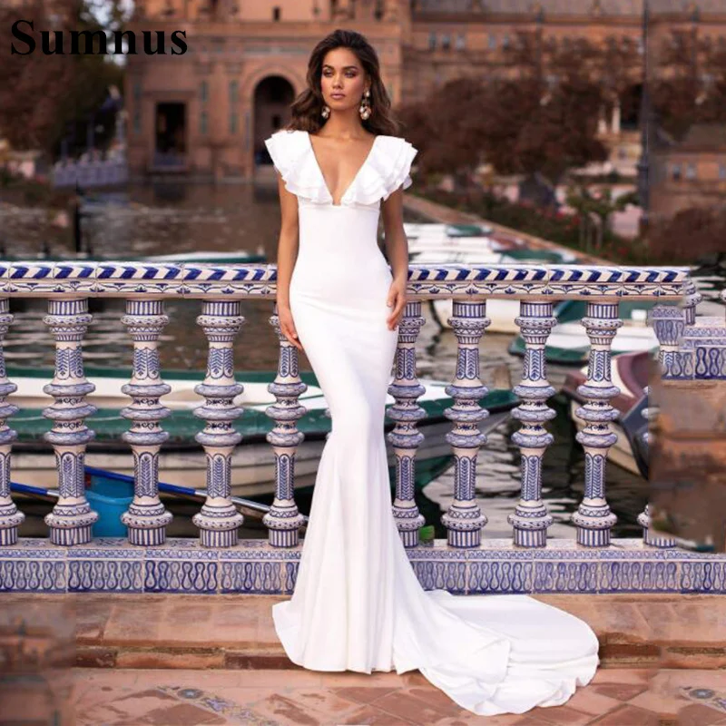 Sumnus Sexy Backless Mermaid Wedding Dresses Ruffles Sleeves Satin Boho Bridal Gowns Plus Size Custom Made robe de mariee
Sumnus Sexy Backless Mermaid Wedding Dresses Ruffles Sleeves Satin Boho Bridal Gowns Plus Size Custom Made robe de mariee