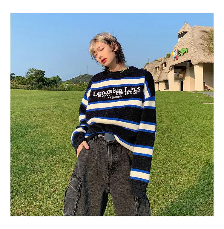 New sweater men and women autumn winter long-sleeved striped embroidery pullover couples super fire tops fashion | Женская одежда