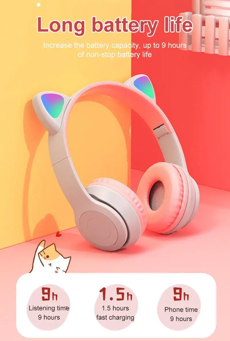 Светодиодный кошачьими ушками Беспроводной наушники 5 0 Bluetooth для детей/девочек