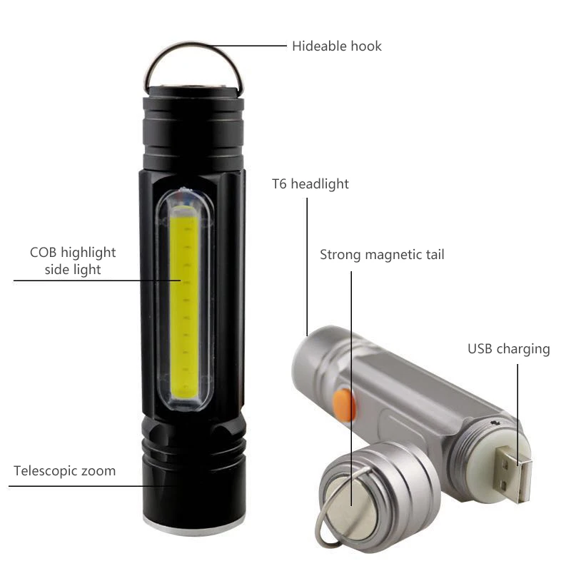 New T6 + COB10 High Brightness LED Flashlight USB Charging Zoom Focus Flashlight Waterproof Tactical Torch Lamp Tail Magnet Hook
New T6 + COB10 High Brightness LED Flashlight USB Charging Zoom Focus Flashlight Waterproof Tactical Torch Lamp Tail Magnet Hook