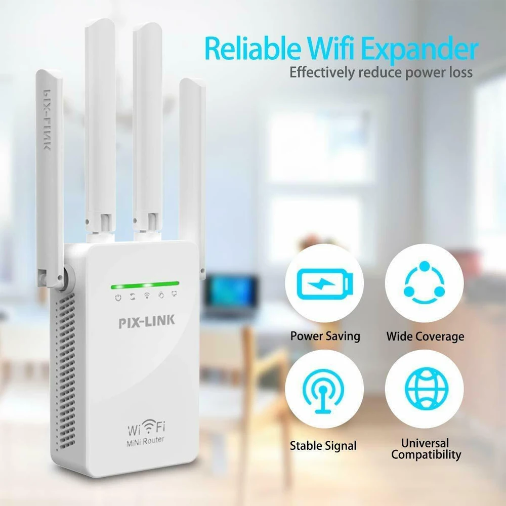 WiFi Repeater/AP Wireless Range Extender Signal Amplifier 300Mbps for Home Office with 4 High Gain External Antennas EU/US Plug
WiFi Repeater/AP Wireless Range Extender Signal Amplifier 300Mbps for Home Office with 4 High Gain External Antennas EU/US Plug