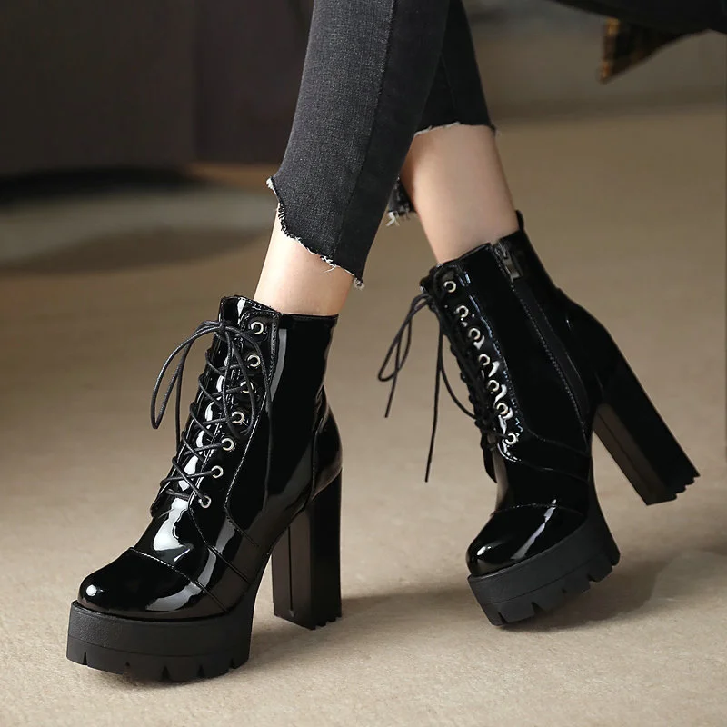 Round Toe High Block Heels Ankle Women Boots Patent Leather Lace-up Platform Booties Waterproof Versatile Daily Commuting Black
Round Toe High Block Heels Ankle Women Boots Patent Leather Lace-up Platform Booties Waterproof Versatile Daily Commuting Black