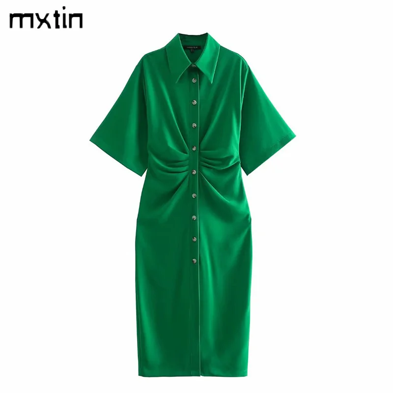 

MXTIN 2021 женская летняя обувь модные однотонные складки однобортный фасон миди платье в винтажном стиле с отложным воротником поло с воротник...