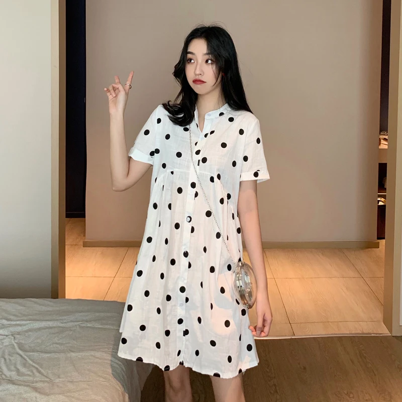Women Clothes Shorts Sleeve Cotton Dots Stand collar Vintage Loose Oversize Shirt Dresses White wave Point Women Dress 3652A
Women Clothes Shorts Sleeve Cotton Dots Stand collar Vintage Loose Oversize Shirt Dresses White wave Point Women Dress 3652A